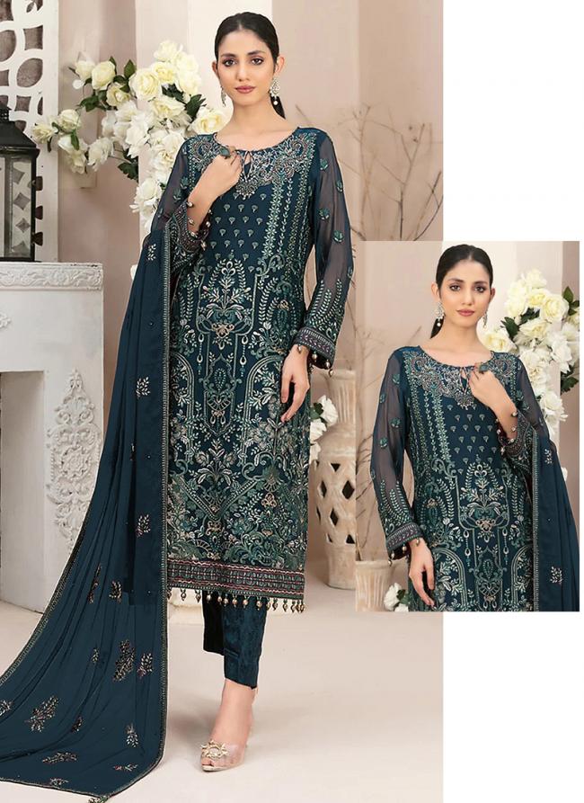 Georgette Aqua Blue Eid Wear Embroidery Work Pakistani Suit